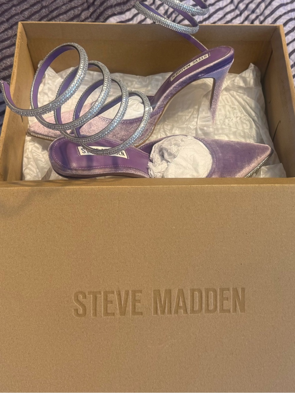 Steve Madden Lavender Velvet Satin Pointed-Toe Spiral Crystal Strap Heels - Picture 3 of 6